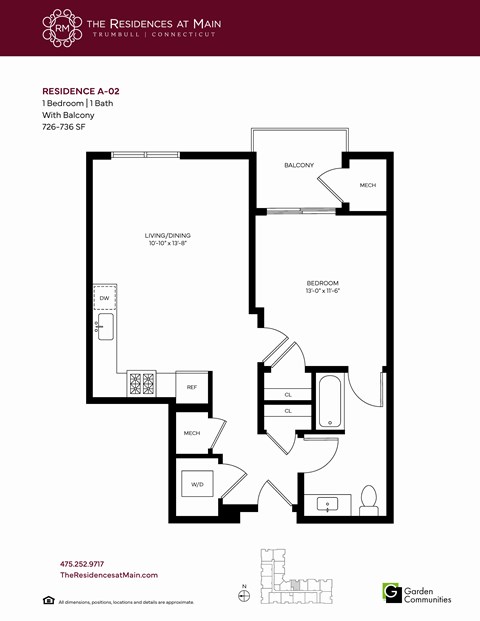Floor plan for 1 bed, 1 bath, 726 sqft